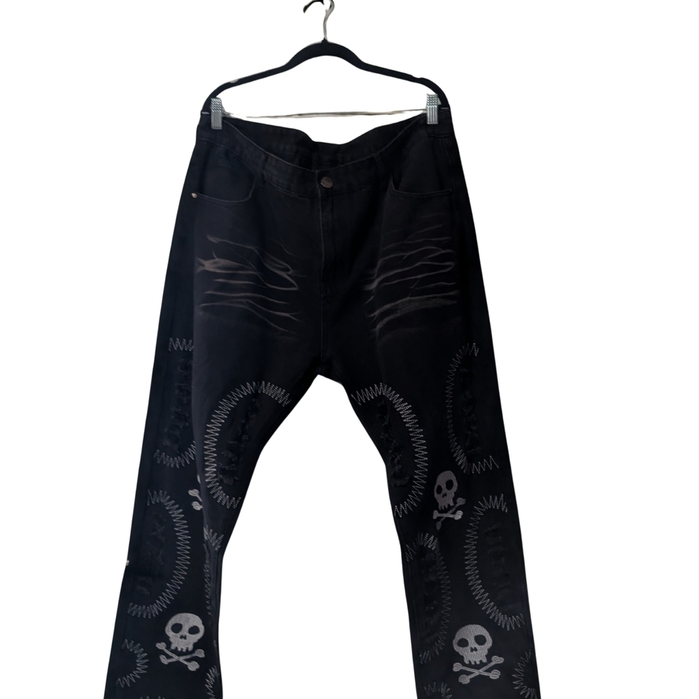 Goth Black Skull Patterned Jeans - Picture 3 of 8